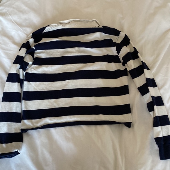 Brandy Melville Navy Blue and White Striped Polo Cropped Shirt With Collar - Picture 2 of 2